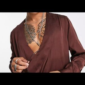 Satin brown wrap shirt.